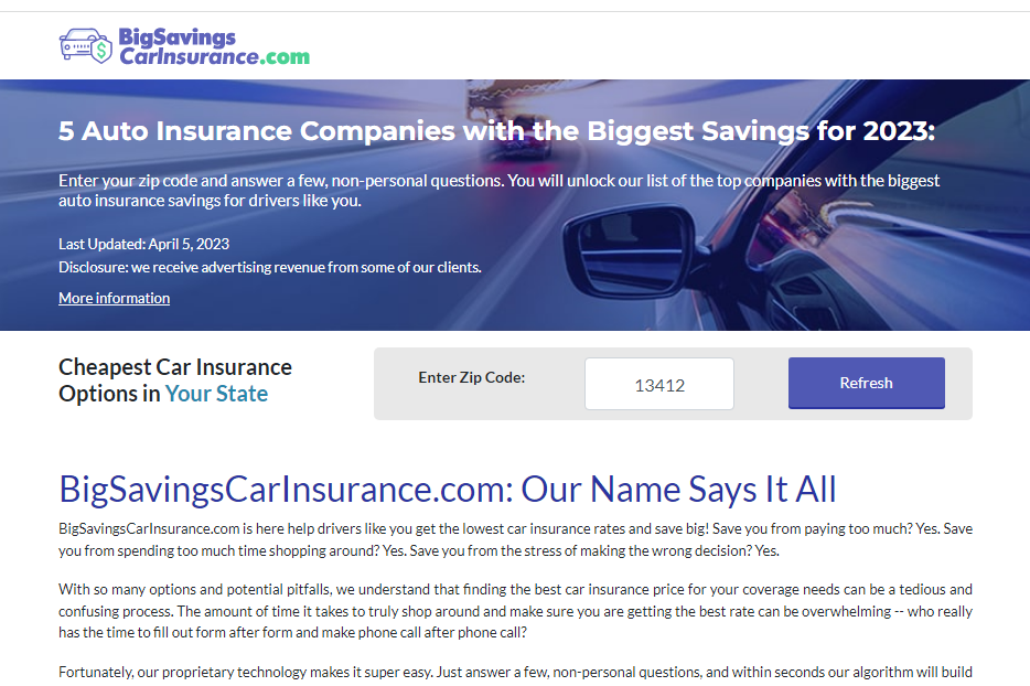 Big Savings Car Insurance banner